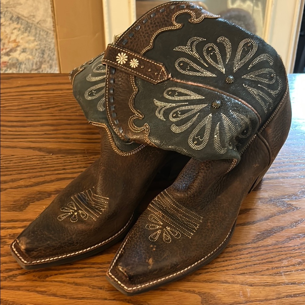 Ariat Brown and Green Heeled Boots with Elegant Embroidery